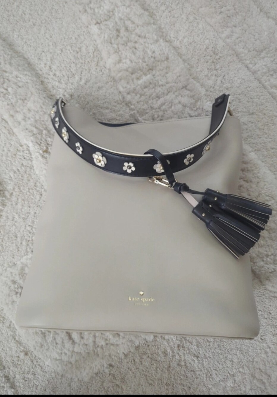 kate spade Cream Leather Shoulder Bag with Black Floral Strap and Tassel